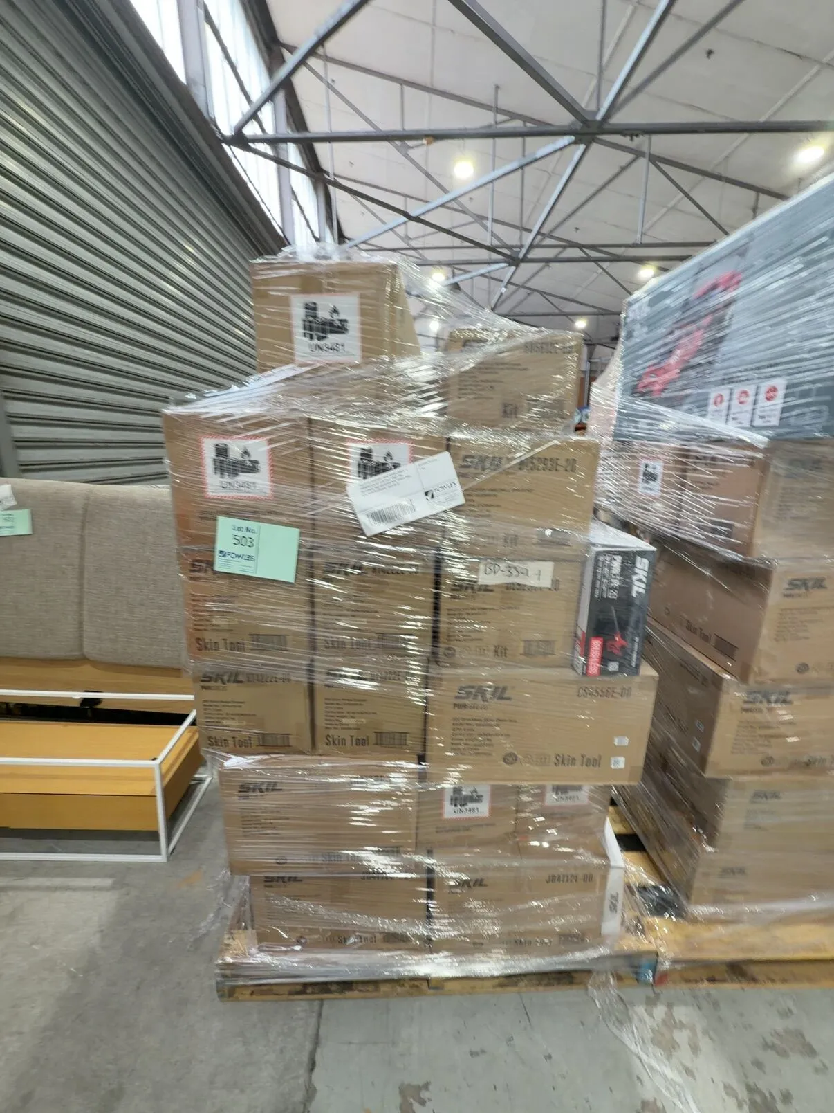 PALLET OF ASSORTED SKIIL POWER TOOLS, A COMBINATION OF SKIN ONLY TOOLS (NO BATTERIES) AND ASSORTED SKIL POWER TOOL KITS WITH BATTERIES, SOLD AS IS PALLET OF ASSORTED SKIIL POWER TOOLS, A COMBINATION OF SKIN ONLY TOOLS (NO BATTERIES) AND ASSORTED SKIL POWER TOOL KITS WITH BATTERIES, SOLD AS IS