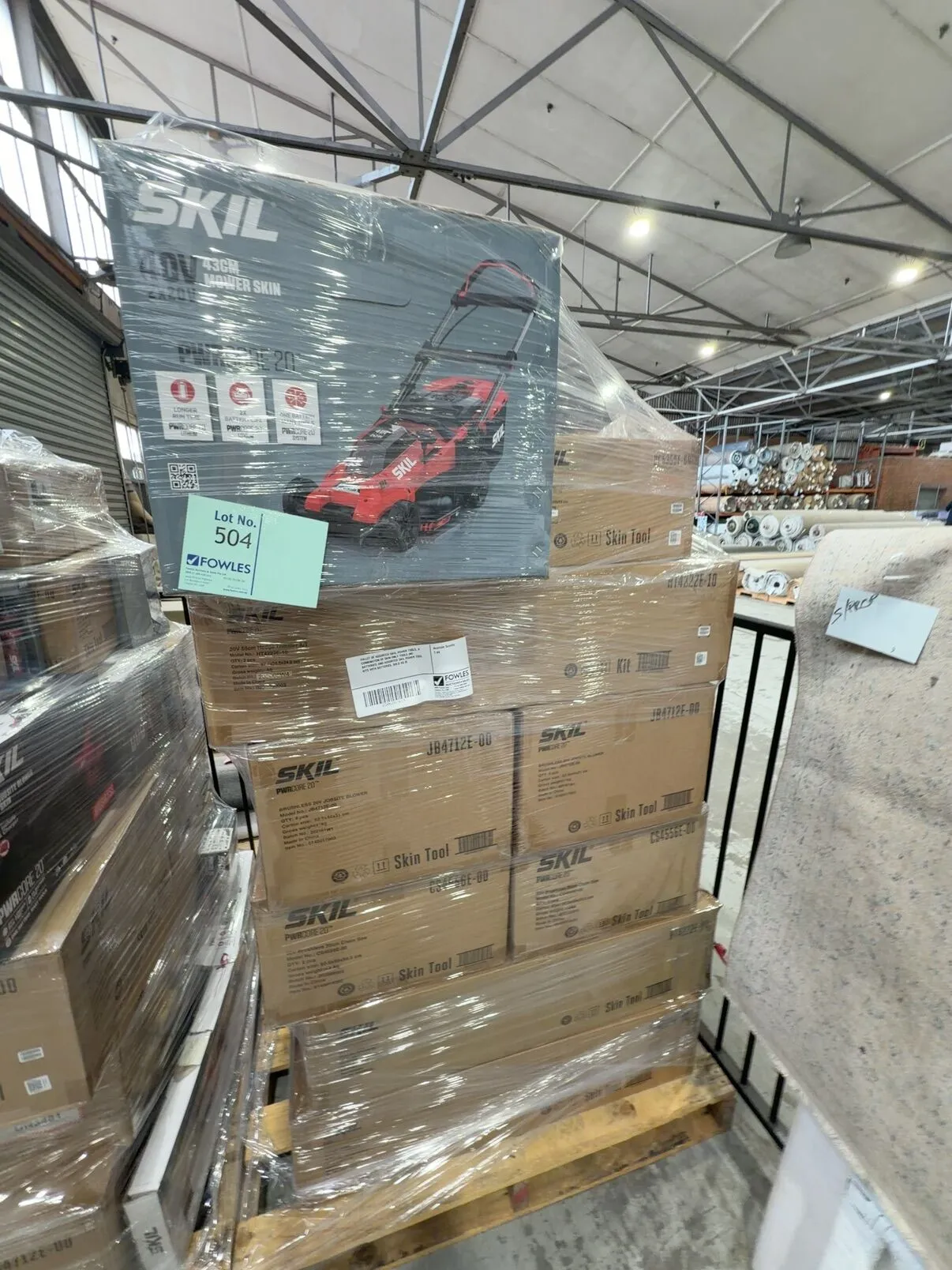 PALLET OF ASSORTED SKIIL POWER TOOLS, A COMBINATION OF SKIN ONLY TOOLS (NO BATTERIES) AND ASSORTED SKIL POWER TOOL KITS WITH BATTERIES, SOLD AS IS PALLET OF ASSORTED SKIIL POWER TOOLS, A COMBINATION OF SKIN ONLY TOOLS (NO BATTERIES) AND ASSORTED SKIL POWER TOOL KITS WITH BATTERIES, SOLD AS IS