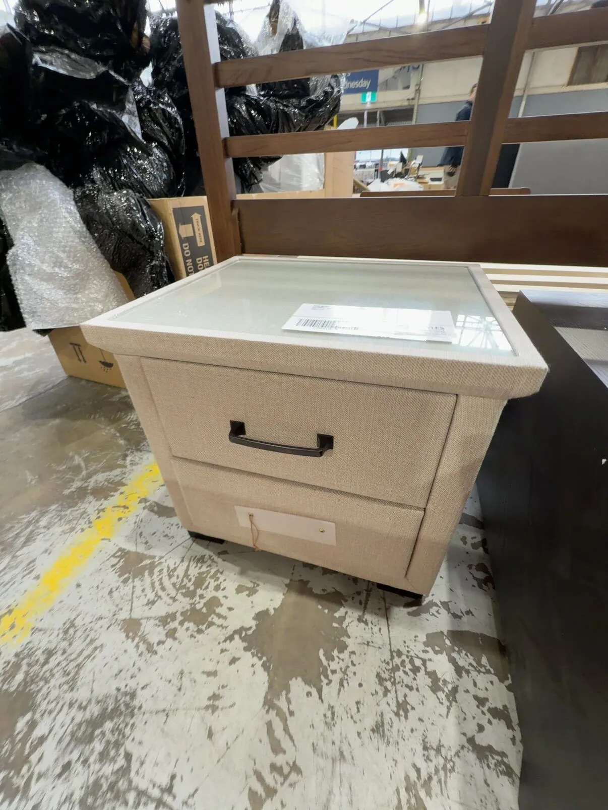 NEW MEMPHIS 2 DRAWER BEDSIDE TABLE, OATMEAL FABRIC WITH GLASS TOP - GGF1125 NEW MEMPHIS 2 DRAWER BEDSIDE TABLE, OATMEAL FABRIC WITH GLASS TOP - GGF1125