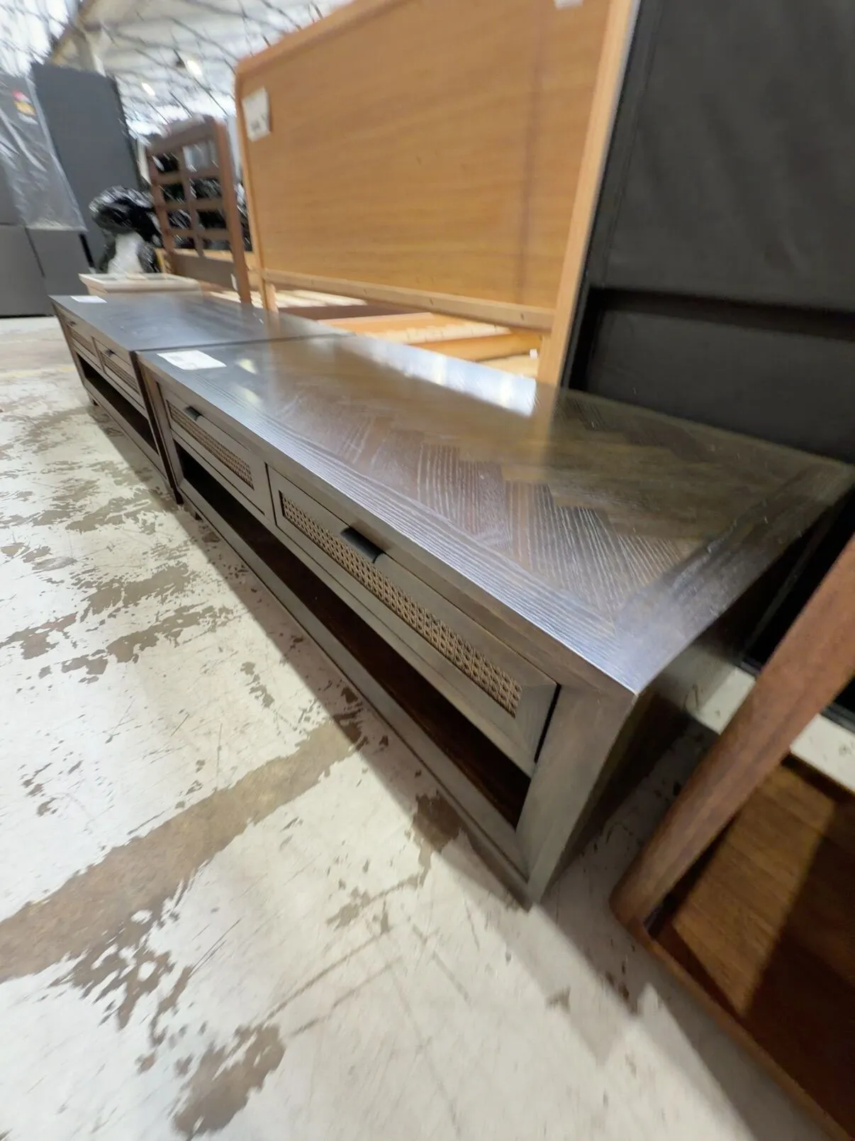 EX DISPLAY ADLEY OAK COFFEE TABLE 1400MM, RATTAN DRAWERS, STAINED JAPAN BLACK, HERRINGBONE TOP, SOLD AS IS EX DISPLAY ADLEY OAK COFFEE TABLE 1400MM, RATTAN DRAWERS, STAINED JAPAN BLACK, HERRINGBONE TOP, SOLD AS IS