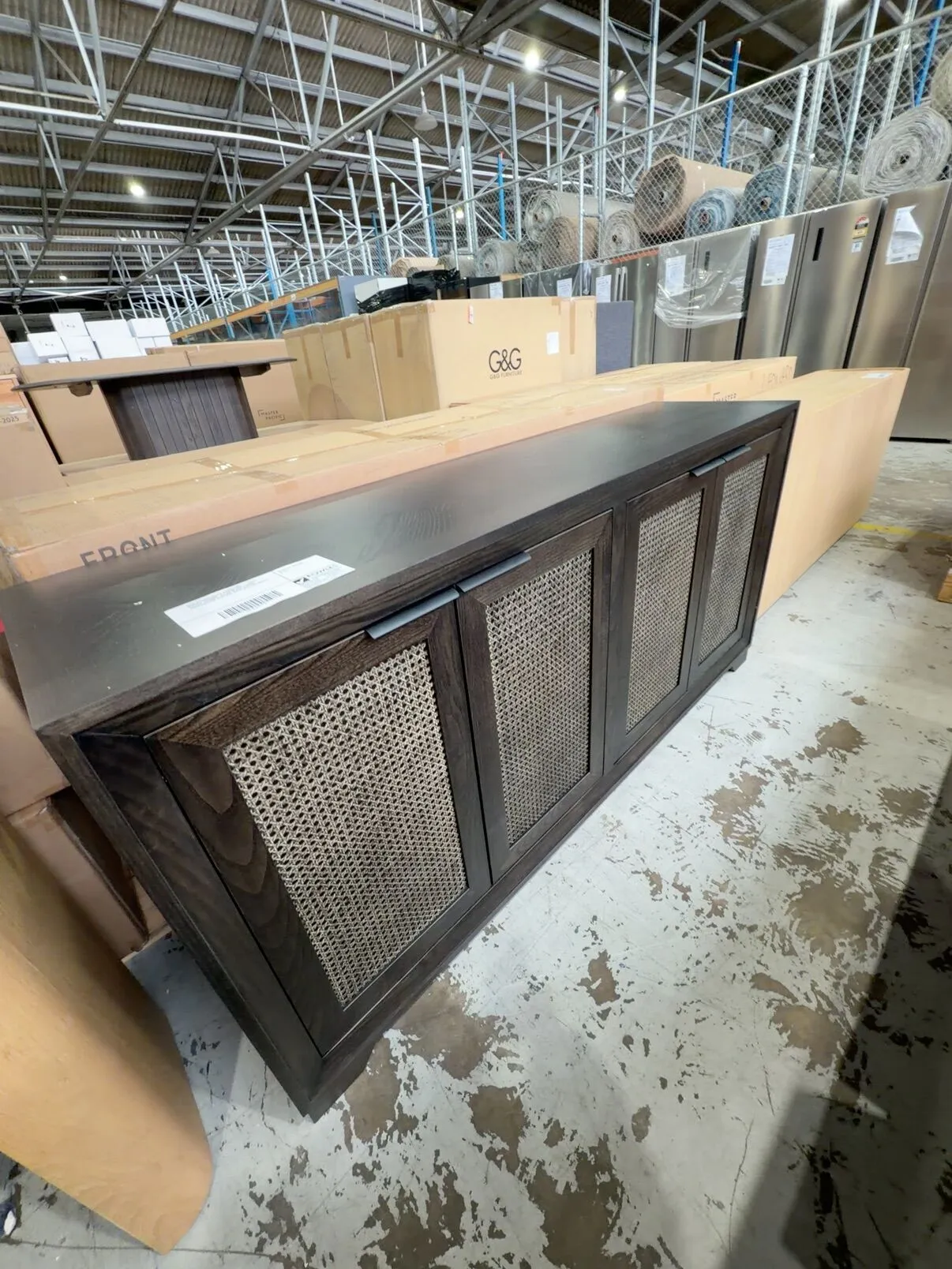 NEW DISCONTINUED FURNITURE - ADLEY BUFFET 1800MM, JAPAN BLACK FINISH, HERRINGBONE FEATURE WITH RATTAN DOORS NEW DISCONTINUED FURNITURE - ADLEY BUFFET 1800MM, JAPAN BLACK FINISH, HERRINGBONE FEATURE WITH RATTAN DOORS