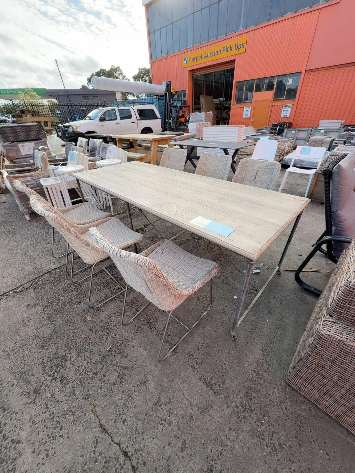 EX DISPLAY HOME FURNITURE - TIMBER OUTDOOR DINING TABLE 2200MM WITH RATTAN DINING CHAIR, SOLD AS IS EX DISPLAY HOME FURNITURE - TIMBER OUTDOOR DINING TABLE 2200MM WITH RATTAN DINING CHAIR, SOLD AS IS