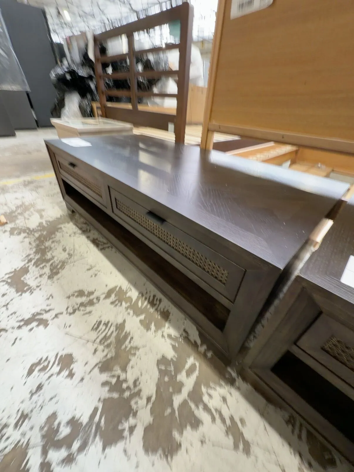 EX DISPLAY ADLEY OAK COFFEE TABLE 1400MM, RATTAN DRAWERS, STAINED JAPAN BLACK, HERRINGBONE TOP, SOLD AS IS EX DISPLAY ADLEY OAK COFFEE TABLE 1400MM, RATTAN DRAWERS, STAINED JAPAN BLACK, HERRINGBONE TOP, SOLD AS IS