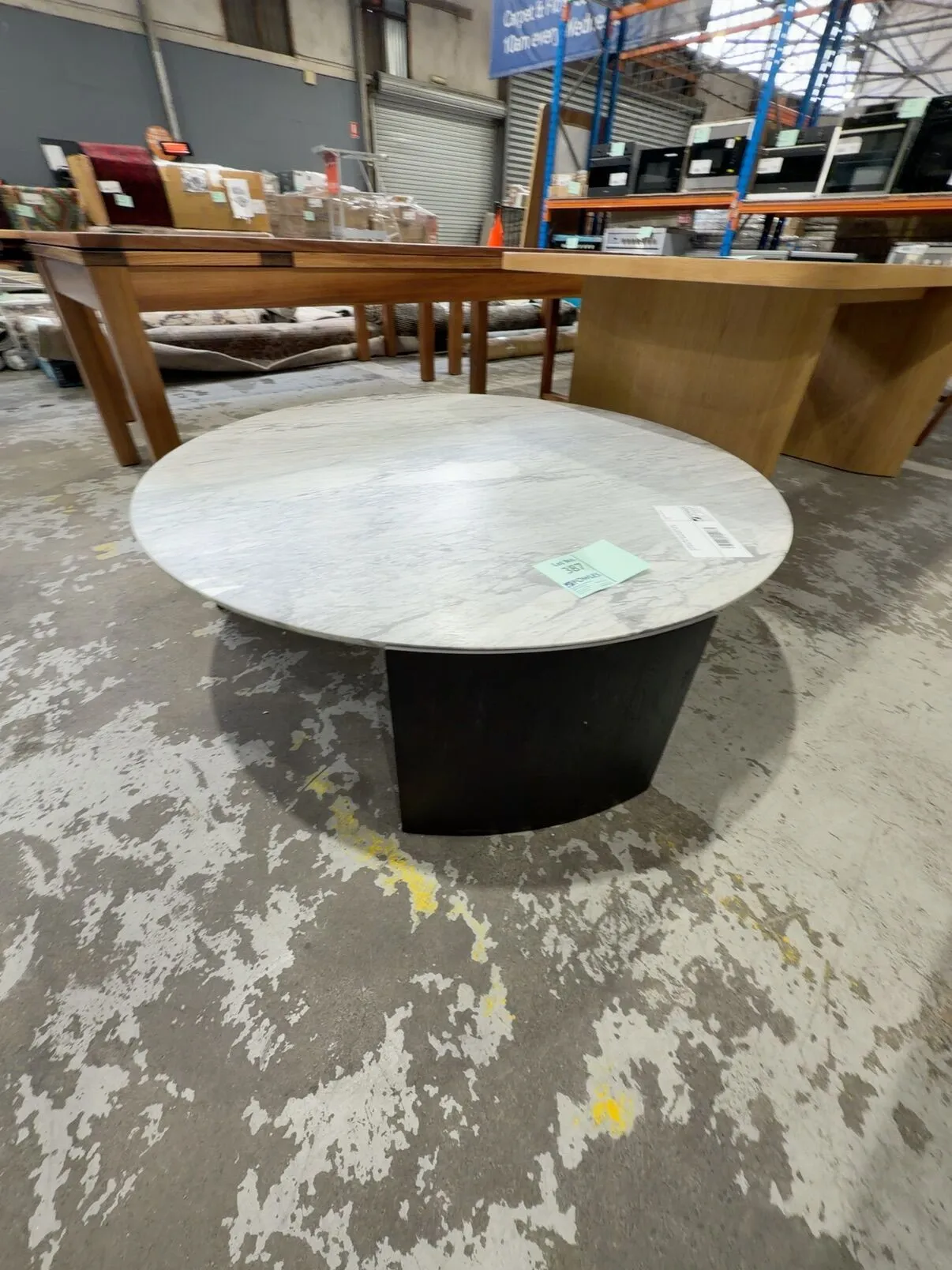 EX DISPLAY ENZO BLACK ASH COFFEE TABLE WITH MARBLE TOP 1300MM ROUND, SOLD AS IS EX DISPLAY ENZO BLACK ASH COFFEE TABLE WITH MARBLE TOP 1300MM ROUND, SOLD AS IS