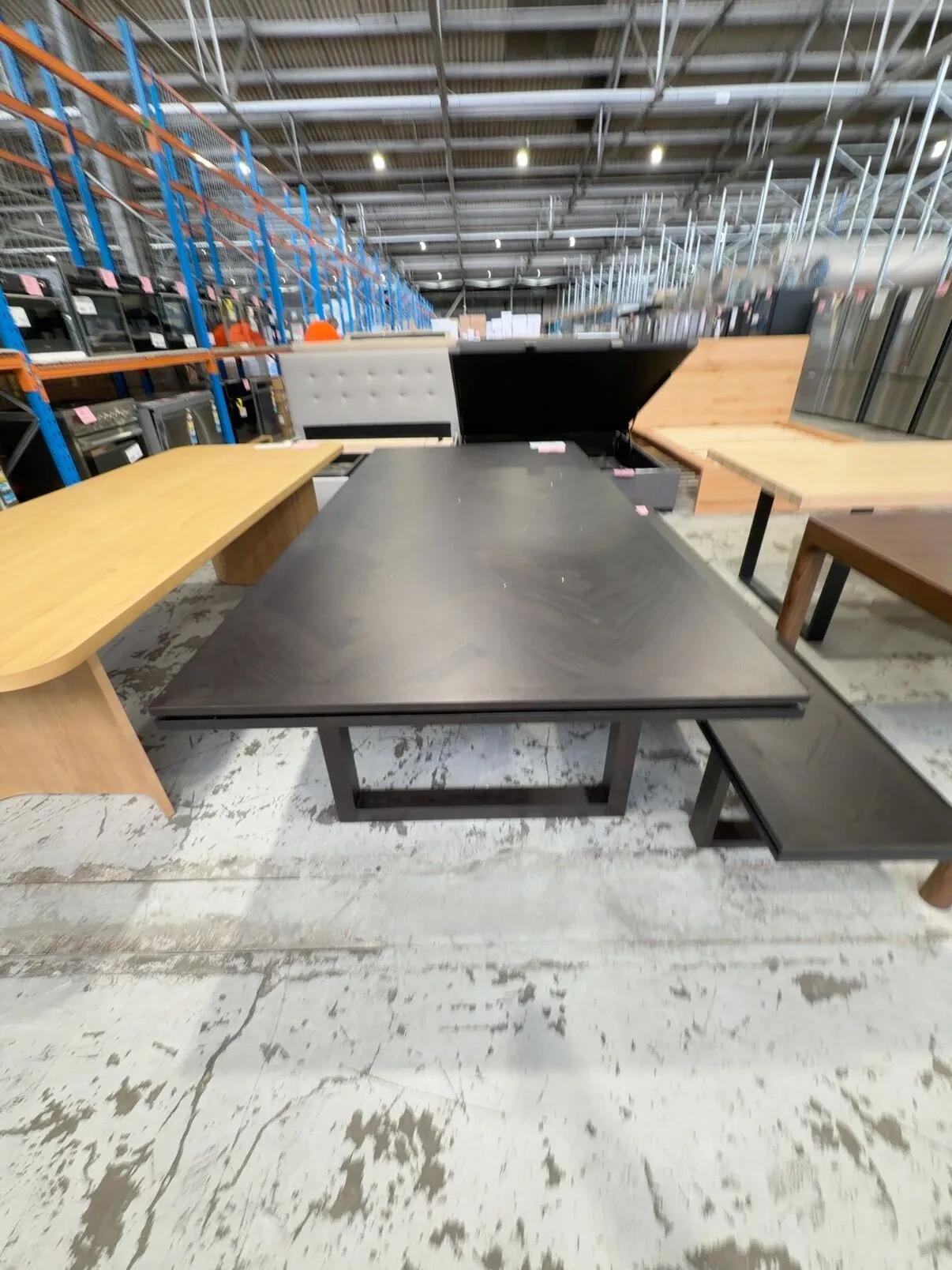 NEW DISCONTINUED FURNITURE - ADLEY DINING TABLE 2500MM, JAPAN BLACK FINISH, HERRINGBONE DESIGN NEW DISCONTINUED FURNITURE - ADLEY DINING TABLE 2500MM, JAPAN BLACK FINISH, HERRINGBONE DESIGN