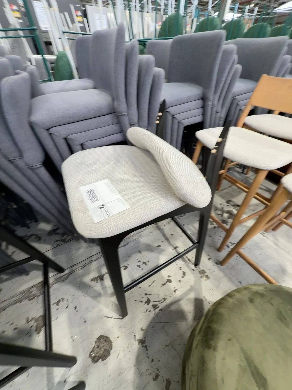 BROKEN SAMPLE - ARLO BAR STOOL, OAK BLACK, SILVER FABRIC, SOLD AS IS BROKEN SAMPLE - ARLO BAR STOOL, OAK BLACK, SILVER FABRIC, SOLD AS IS
