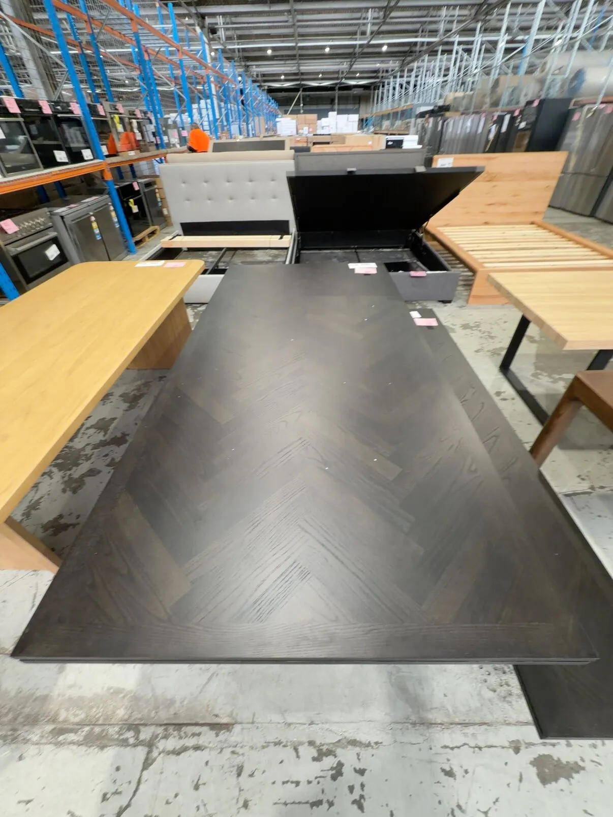 NEW DISCONTINUED FURNITURE - ADLEY DINING TABLE 2500MM, JAPAN BLACK FINISH, HERRINGBONE DESIGN NEW DISCONTINUED FURNITURE - ADLEY DINING TABLE 2500MM, JAPAN BLACK FINISH, HERRINGBONE DESIGN