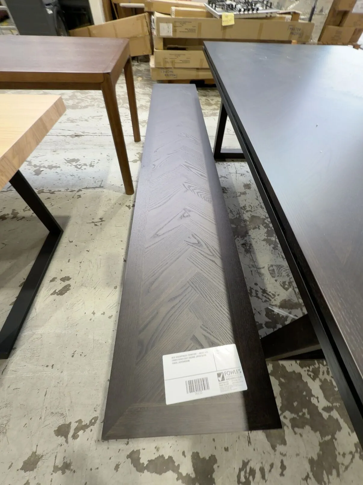 NEW DISCONTINUED FURNITURE - ADLEY ASH TIMBER BENCH SEAT 2400MM, JAPAN BLACK FINISH, HERRINGBONE NEW DISCONTINUED FURNITURE - ADLEY ASH TIMBER BENCH SEAT 2400MM, JAPAN BLACK FINISH, HERRINGBONE