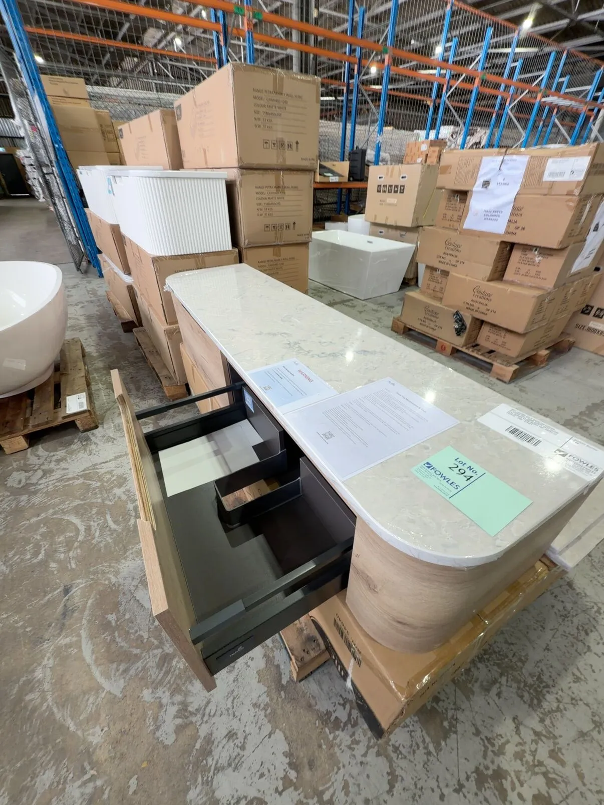 NEW 1800MM AULIC HAMILTON CURVED PLYWOOD WALL HUNG VANITY WITH ALPINE FLAT CURVED STONE BENCH TOP, RRP$3195 CAWH39-1800-ST86FT NEW 1800MM AULIC HAMILTON CURVED PLYWOOD WALL HUNG VANITY WITH ALPINE FLAT CURVED STONE BENCH TOP, RRP$3195 CAWH39-1800-ST86FT
