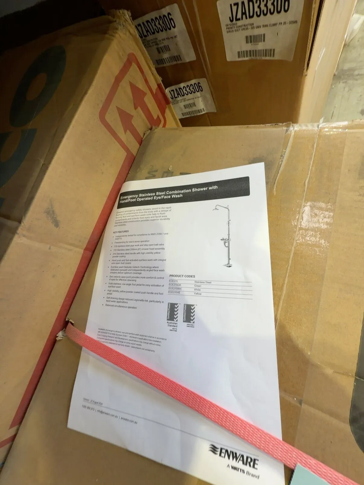 PALLET OF ASSORTED GOODS INCLUDING ENWARE ECE270WH FREESTANDING INDUSTRIAL GRADE COMBO EMERGENCY SAFETY SHOWER & HAND/FOOT OPERATED EYE/FACE WASH, ALSO ABEY SCHOCK SINK, BLANCO SINK & SHOWER NICHES, SOLD AS IS PALLET OF ASSORTED GOODS INCLUDING ENWARE ECE270WH FREESTANDING INDUSTRIAL GRADE COMBO EMERGENCY SAFETY SHOWER & HAND/FOOT OPERATED EYE/FACE WASH, ALSO ABEY SCHOCK SINK, BLANCO SINK & SHOWER NICHES, SOLD AS IS