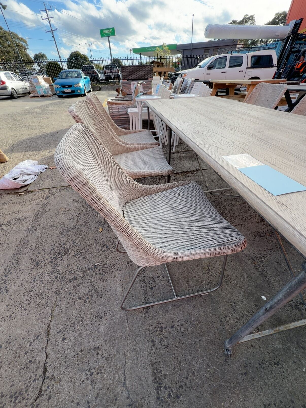 EX DISPLAY HOME FURNITURE - TIMBER OUTDOOR DINING TABLE 2200MM WITH RATTAN DINING CHAIR, SOLD AS IS EX DISPLAY HOME FURNITURE - TIMBER OUTDOOR DINING TABLE 2200MM WITH RATTAN DINING CHAIR, SOLD AS IS