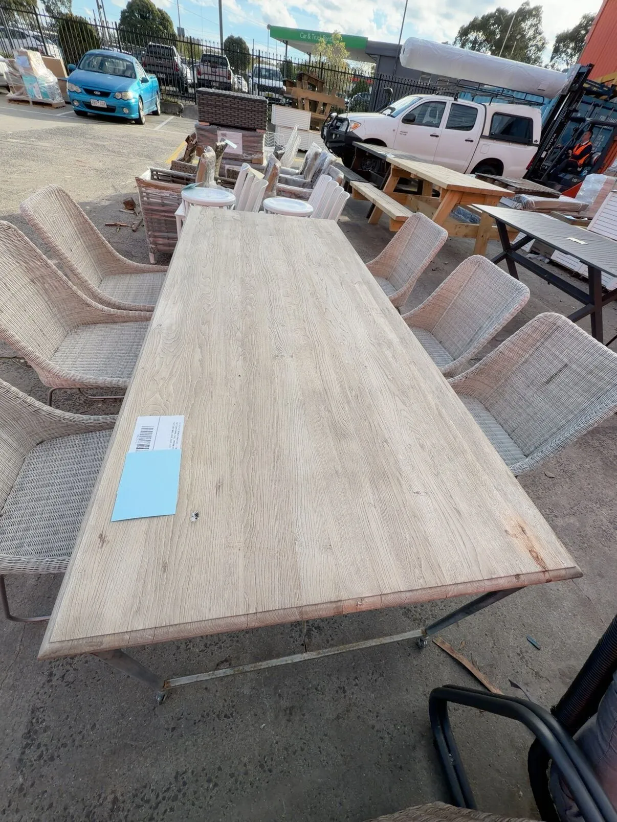 EX DISPLAY HOME FURNITURE - TIMBER OUTDOOR DINING TABLE 2200MM WITH RATTAN DINING CHAIR, SOLD AS IS EX DISPLAY HOME FURNITURE - TIMBER OUTDOOR DINING TABLE 2200MM WITH RATTAN DINING CHAIR, SOLD AS IS