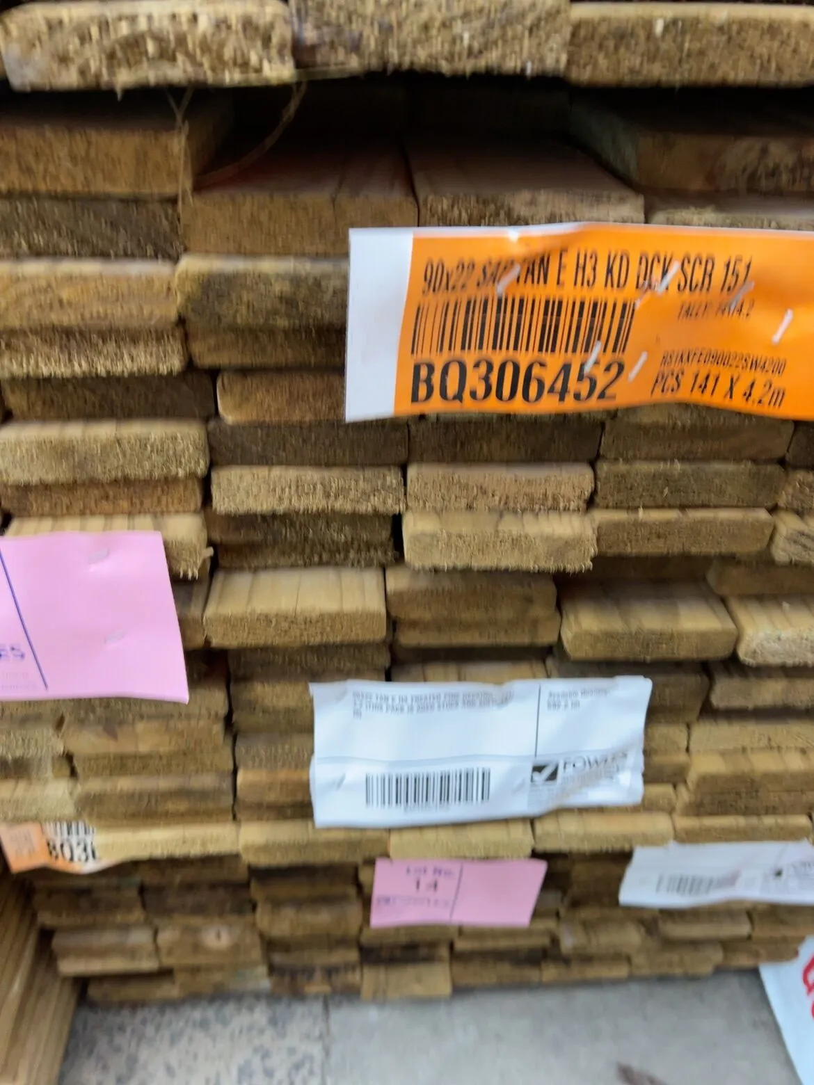 90X22 TAN E H3 TREATED PINE DECKING-141/4.2 (THIS PACK IS AGED STOCK AND SOLD AS IS) 90X22 TAN E H3 TREATED PINE DECKING-141/4.2 (THIS PACK IS AGED STOCK AND SOLD AS IS)