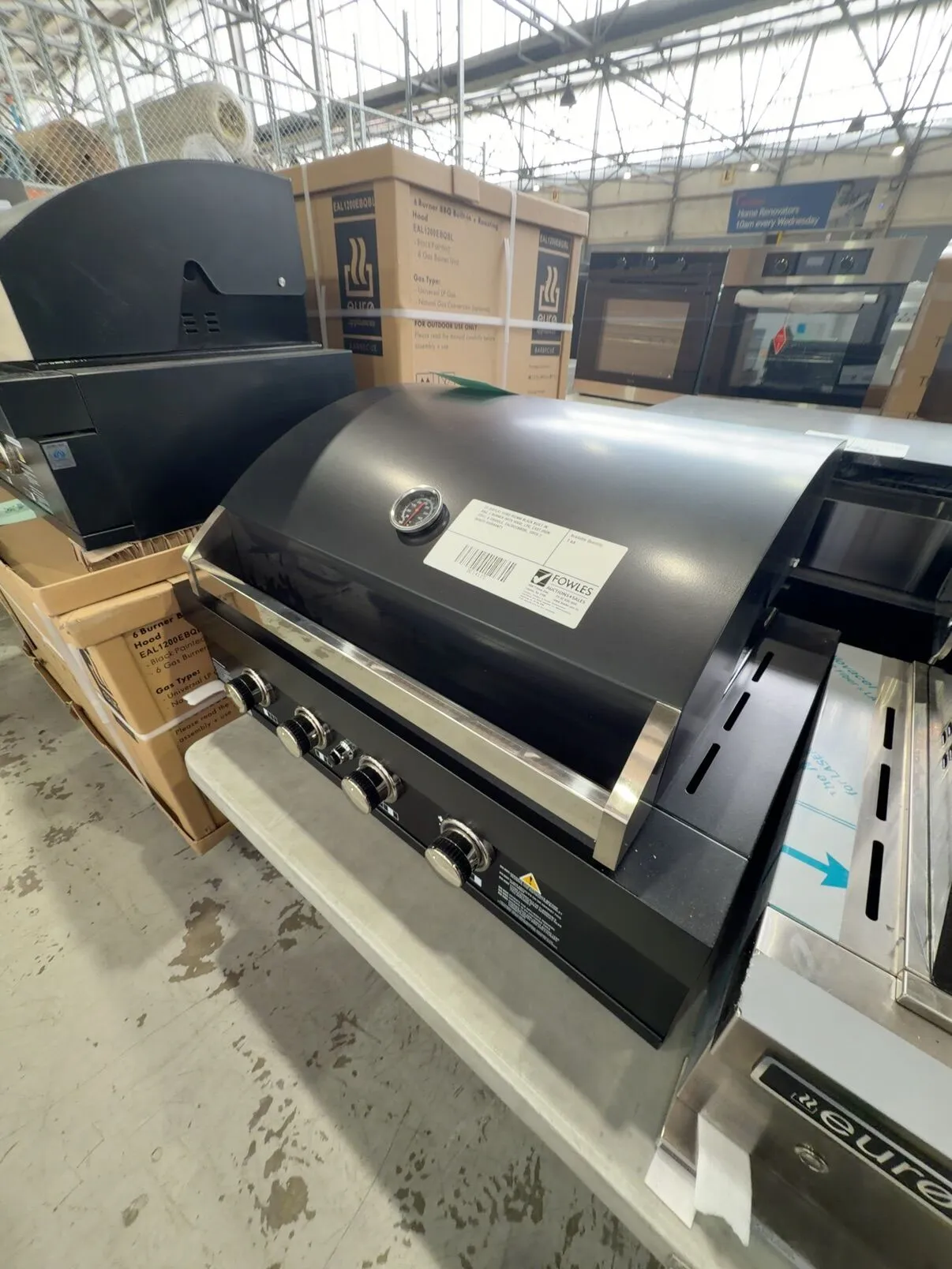 EX DISPLAY EURO 900MM BLACK BUILT IN BBQ, 4 BURNER WITH HOOD, LPG, CAST IRON GRILL & GRIDDLE, EAL900EBBQBL, WITH 3 MONTH WARRANTY EX DISPLAY EURO 900MM BLACK BUILT IN BBQ, 4 BURNER WITH HOOD, LPG, CAST IRON GRILL & GRIDDLE, EAL900EBBQBL, WITH 3 MONTH WARRANTY