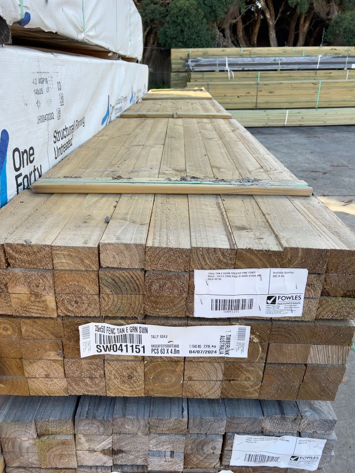 75X50 TAN E SAWN TREATED PINE FENCE RAILS-63/4.8 (THIS PACK IS AGED STOCK AND SOLD AS IS) 75X50 TAN E SAWN TREATED PINE FENCE RAILS-63/4.8 (THIS PACK IS AGED STOCK AND SOLD AS IS)