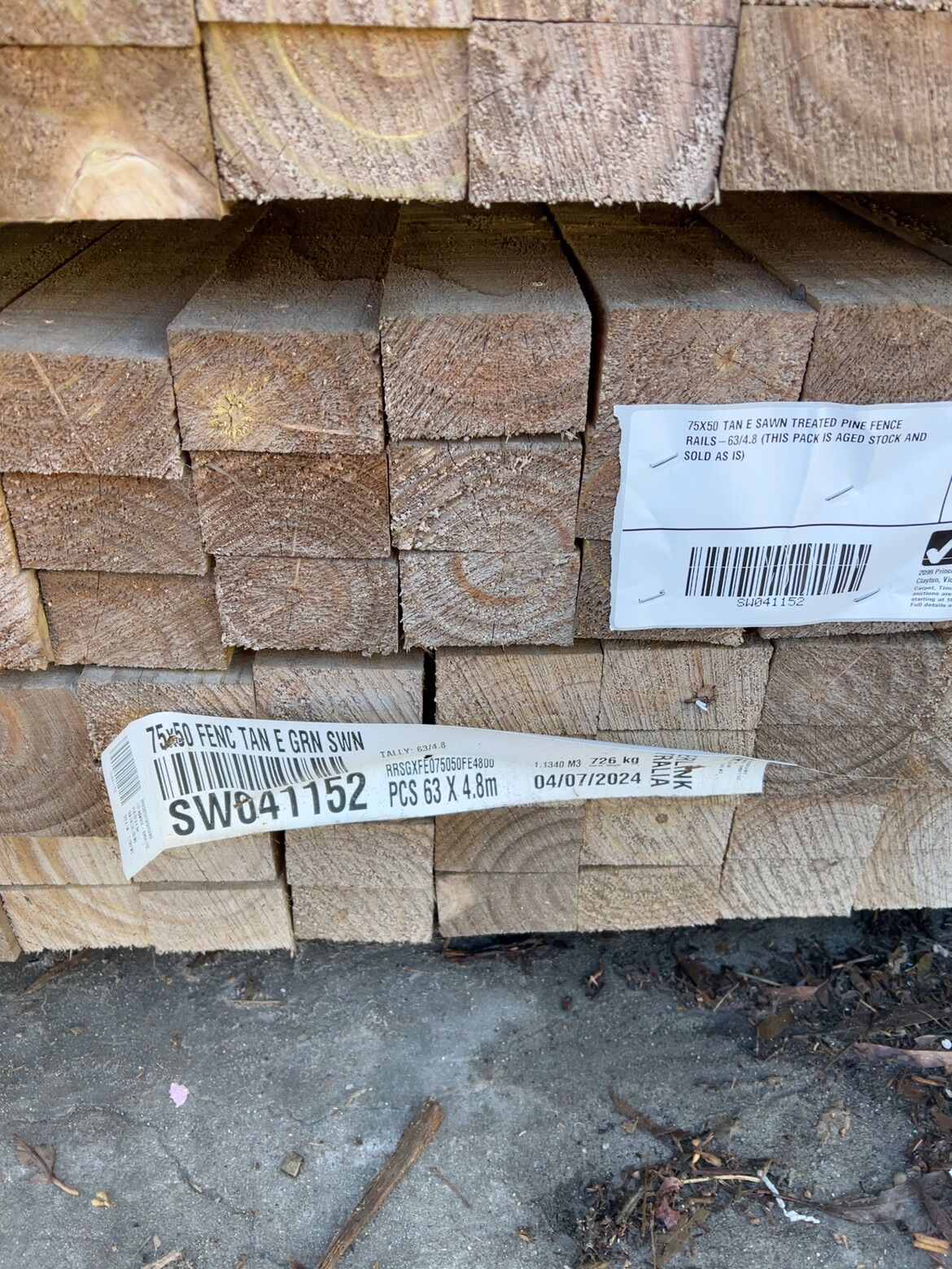 75X50 TAN E SAWN TREATED PINE FENCE RAILS-63/4.8 (THIS PACK IS AGED STOCK AND SOLD AS IS) 75X50 TAN E SAWN TREATED PINE FENCE RAILS-63/4.8 (THIS PACK IS AGED STOCK AND SOLD AS IS)