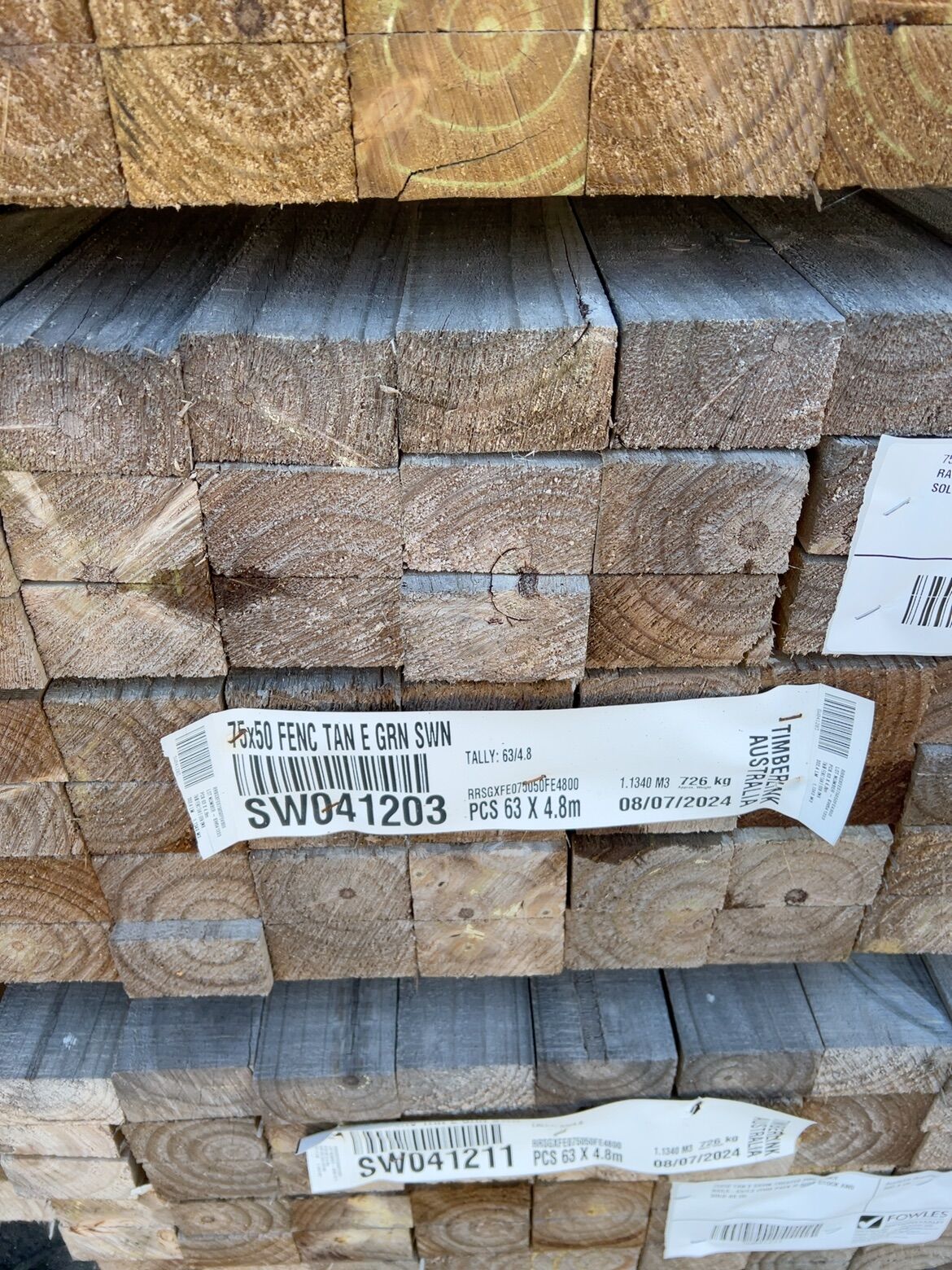 75X50 TAN E SAWN TREATED PINE FENCE RAILS-63/4.8 (THIS PACK IS AGED STOCK AND SOLD AS IS) 75X50 TAN E SAWN TREATED PINE FENCE RAILS-63/4.8 (THIS PACK IS AGED STOCK AND SOLD AS IS)