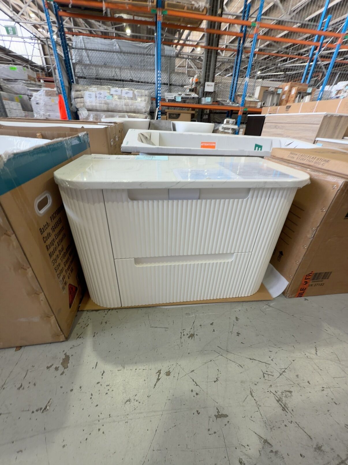 AULIC 900MM CURVA WALL HUNG VANITY, CURVED FLUTED CABINET WITH CURVED STONE TOP, RRP$2199, CAWH46-900-ST26FT AULIC 900MM CURVA WALL HUNG VANITY, CURVED FLUTED CABINET WITH CURVED STONE TOP, RRP$2199, CAWH46-900-ST26FT