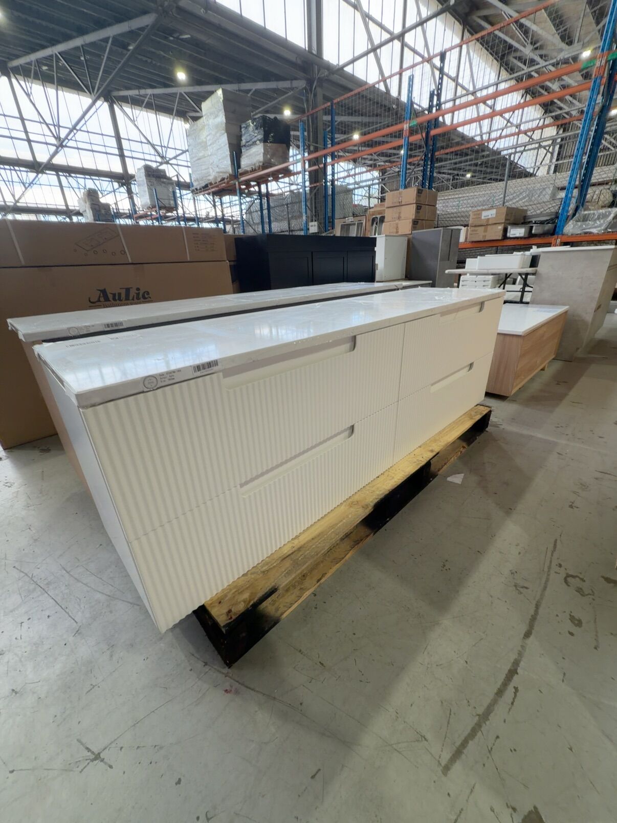 NEW AULIC VERONA MARK II 1800MM DOUBLE BOWL WALL HUNG VANITY, MATTE WHITE GROOVE, WITH CATO FLAT STONE TOP, CAWH412-1800D-ST26FT RRP$3195 NEW AULIC VERONA MARK II 1800MM DOUBLE BOWL WALL HUNG VANITY, MATTE WHITE GROOVE, WITH CATO FLAT STONE TOP, CAWH412-1800D-ST26FT RRP$3195