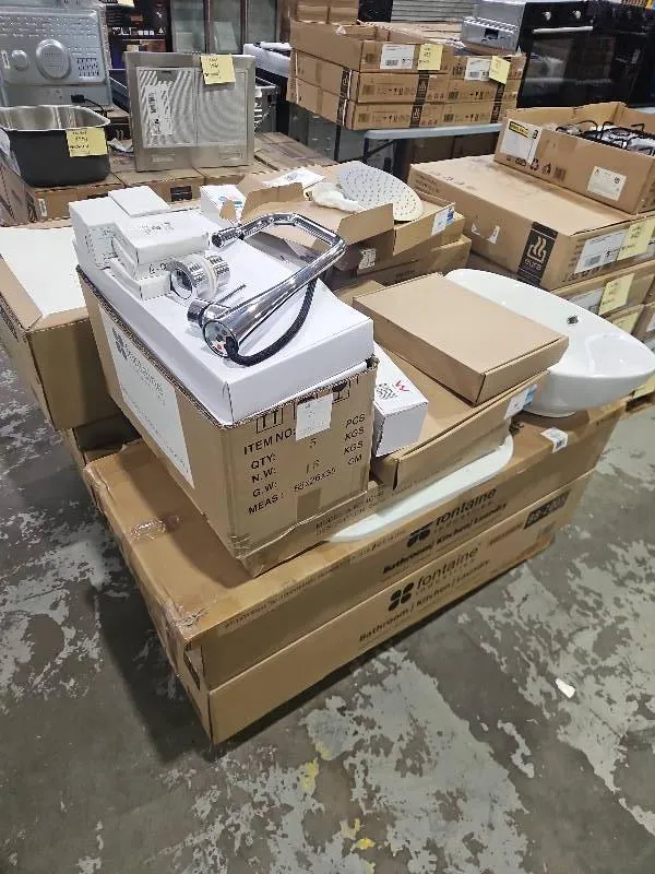 PALLET OF ASSORTED BATHROOM ITEMS, SUCH AS SHOWER HEAD, HEATED TOWEL RACK, BASIN MIXER, STONE TOP, SHOWER GRATES SOLD AS IS PALLET OF ASSORTED BATHROOM ITEMS, SUCH AS SHOWER HEAD, HEATED TOWEL RACK, BASIN MIXER, STONE TOP, SHOWER GRATES SOLD AS IS
