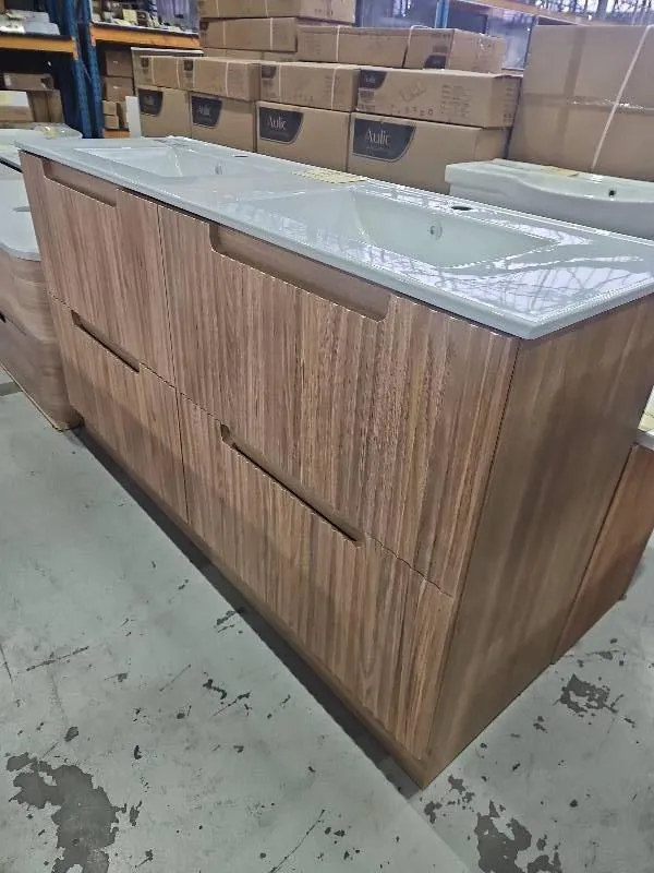 AULIC LOVINA 1500MM DOUBLE BOWL FLOOR VANITY, HARVEST OAK FLUTED CABINET, WITH CRYSTAL CERAMIC DOUBLE BOWL TOP, CA56-1500D-CT28 RRP$3119 AULIC LOVINA 1500MM DOUBLE BOWL FLOOR VANITY, HARVEST OAK FLUTED CABINET, WITH CRYSTAL CERAMIC DOUBLE BOWL TOP, CA56-1500D-CT28 RRP$3119