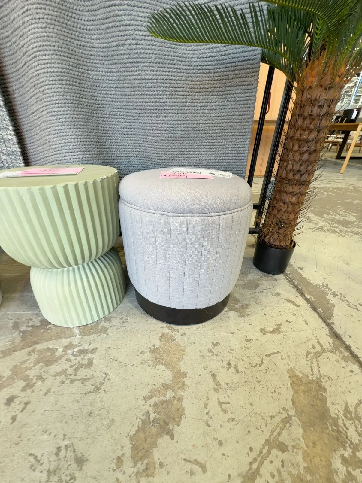 EX STAGING - ROUND GREY OTTOMAN, SOLD ASI S EX STAGING - ROUND GREY OTTOMAN, SOLD ASI S