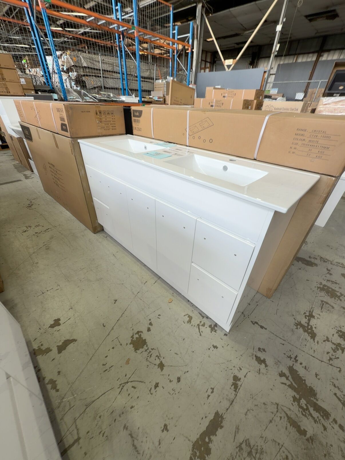 NEW ROCKY 1500MM DOUBLE BOWL FLOOR VANITY, GLOSS WHITE WITH DOUBLE BOWL CERAMIC TOP, CA12-1500D-CT28 RRP$2349 NEW ROCKY 1500MM DOUBLE BOWL FLOOR VANITY, GLOSS WHITE WITH DOUBLE BOWL CERAMIC TOP, CA12-1500D-CT28 RRP$2349