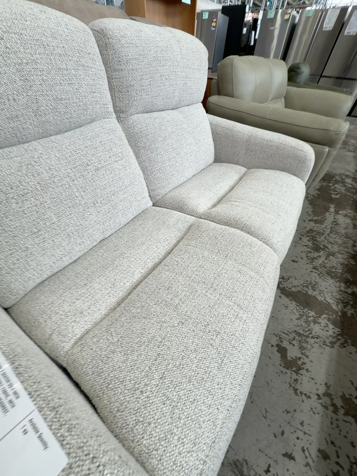 EX DISPLAY OSSANA 2 SEATER SOFA WITH SEPARATE ARMCHAIR, COOKIE FABRIC, WITH ELECTRIC RECLINERS & POWERED HEADREST, SOLD AS IS EX DISPLAY OSSANA 2 SEATER SOFA WITH SEPARATE ARMCHAIR, COOKIE FABRIC, WITH ELECTRIC RECLINERS & POWERED HEADREST, SOLD AS IS