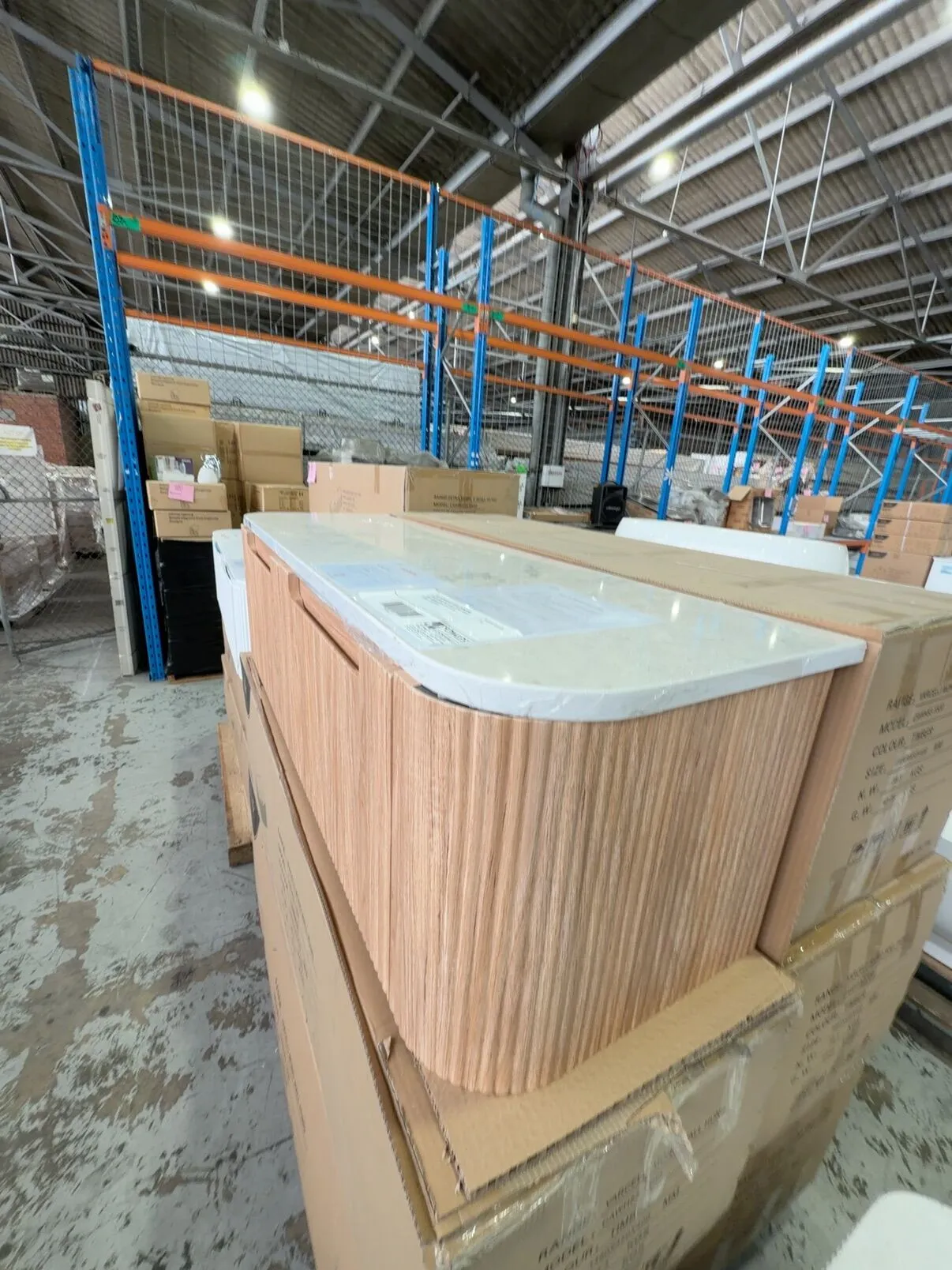 NEW 1500MM AULIC VARCELLI MONO WALL HUNG HARVEST OAK FLUTED CURVED VANITY WITH CURVED STONE TOP RRP$2669, CAWH53-1500/ST86FT NEW 1500MM AULIC VARCELLI MONO WALL HUNG HARVEST OAK FLUTED CURVED VANITY WITH CURVED STONE TOP RRP$2669, CAWH53-1500/ST86FT