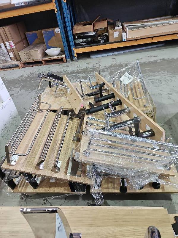 PALLET OF EX SHOWROOM DISPLAY BOARDS WITH TAPS AND VARIOUS BATHROOM ACCESSORIES SOLD AS IS  NO WARRANTY