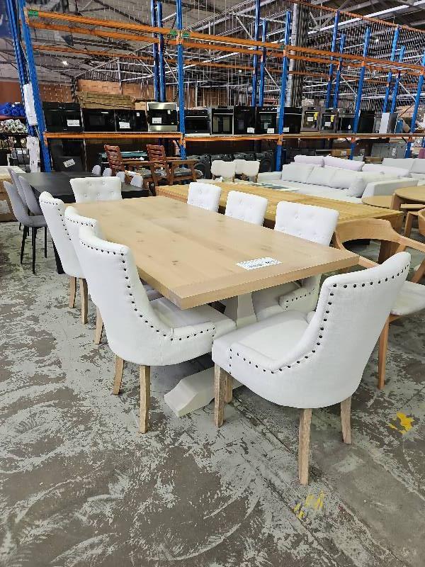 EX DISPLAY HOME STAGING FURNITURE - HAMPTON STYLE 2300MM TIMBER FARMHOUSE DINING TABLE WITH 8 MATCHING DINING CHAIRS SOLD AS IS
