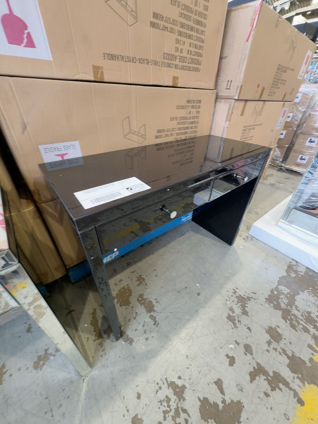 NEW BLACK GLASS CONSOLE/HALL TABLE WITH 2 DRAWERS WITH CRYSTAL HANDLE, 1100MM X 440MM, AU0320 NEW BLACK GLASS CONSOLE/HALL TABLE WITH 2 DRAWERS WITH CRYSTAL HANDLE, 1100MM X 440MM, AU0320