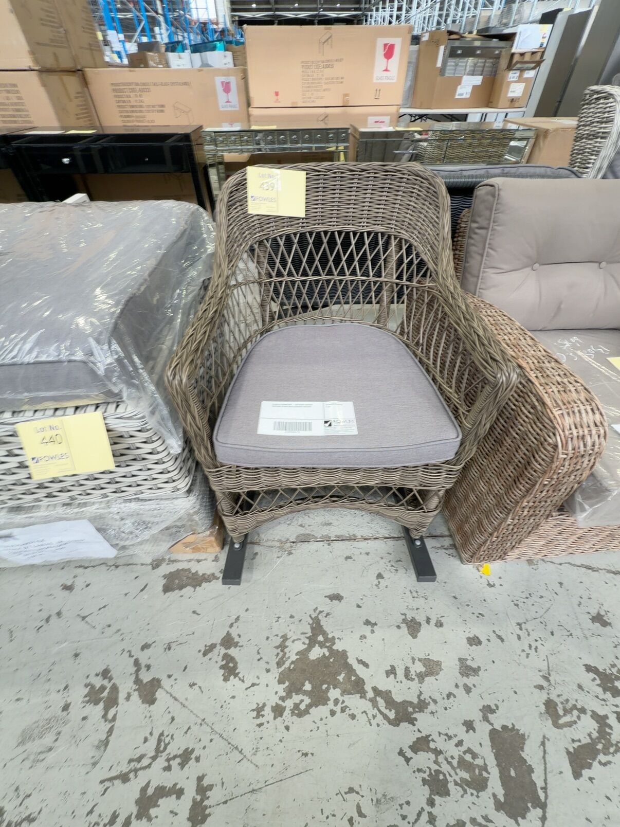 SAMPLE FURNITURE - OUTDOOR WICKER ROCKING CHAIR WITH CUSHION RRP$489 SAMPLE FURNITURE - OUTDOOR WICKER ROCKING CHAIR WITH CUSHION RRP$489