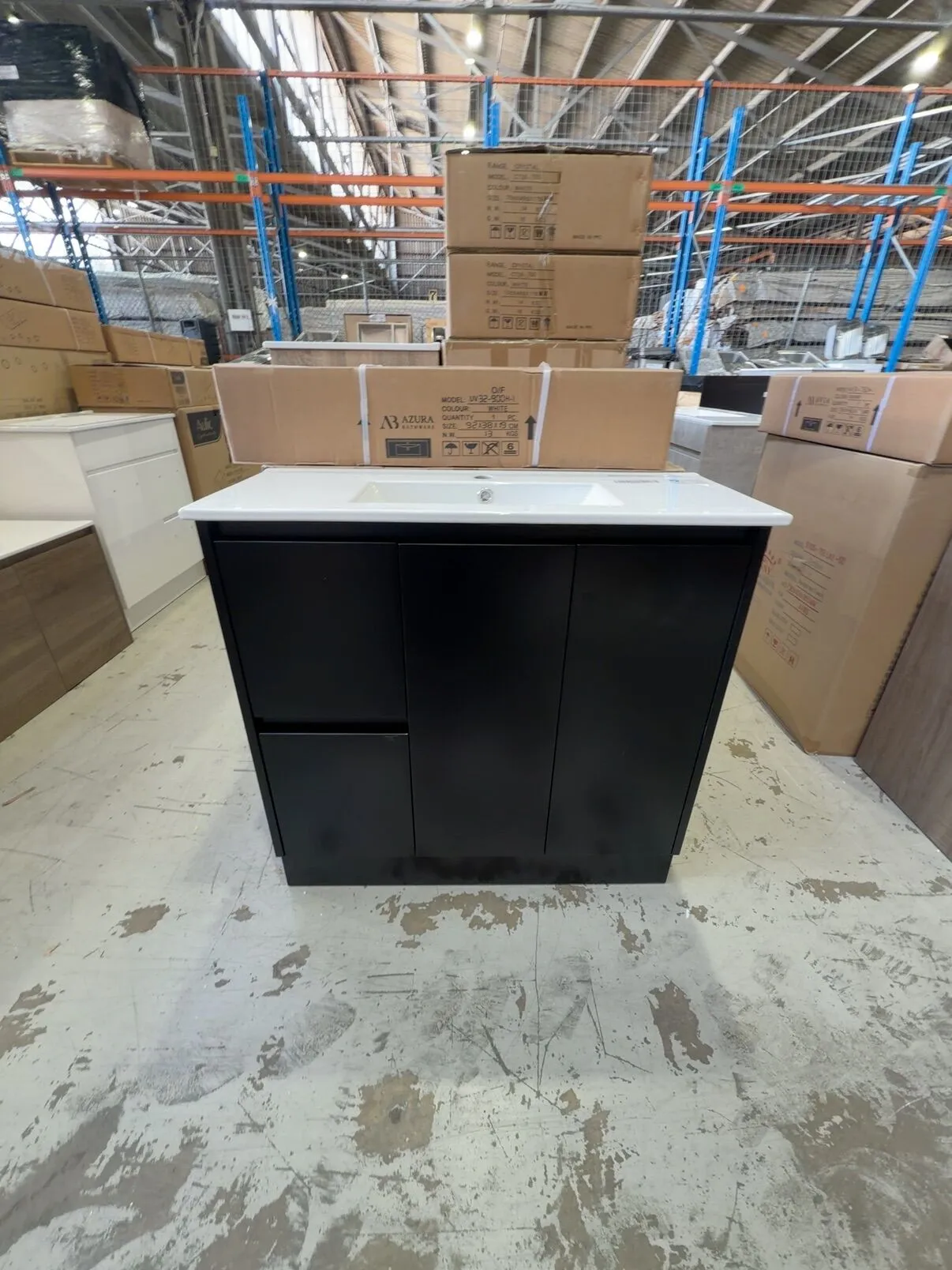NEW 900MM MATTE BLACK FLOOR VANITY WITH CERAMIC TOP, SK32-900WLBM & UV32 900 NEW 900MM MATTE BLACK FLOOR VANITY WITH CERAMIC TOP, SK32-900WLBM & UV32 900