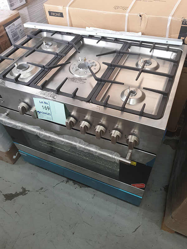 EURO 900MM S/STEEL FREESTANDING OVEN MODEL EV900DPSX, DUEL FUEL WITH 5 BURNER GAS COOKTOP WITH FLAME FAILURE DEVICE, CAST IRON TRIVETS, TWIN FAN 8 COOKING FUNCTIONS, CLOSED DOOR GRILLING, ROTISSERIE & LOWER STORAGE COMPARTMENT WITH 12 MONTH WARRANTY