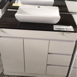 900MM GLOSS WHITE VANITY WITH DRAWERS AND BLACK GALAXY STONE BENCH TOP WITH ABOVE COUNTER BOWL BG900/BG