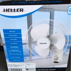 NEW HELLER 40CM WALL FAN WITH REMOTE PULL CORD 3 SPEED OSCILATING TILT ADJUSTABLE - HWAL40R