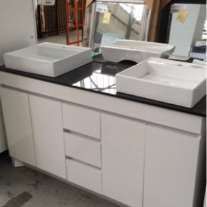 1500MM GLOSS WHITE VANITY WITH CENTRAL DRAWERS WITH STAR BLACK STONE TOP WITH DOUBLE ABOVE COUNTER BOWLS