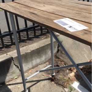 TIMBER BAR TABLE WITH METAL LEGS SOLD AS IS