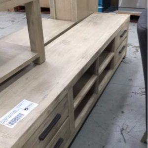 NEW ACACIA WOOD LIGHT GREY TIMBER ENTERTAINMENT UNIT WITH 4 DRAWERS 2200MM LONG X 450MM DEEP X 550MM HIGH #KEY LARGO