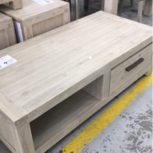 NEW ACACIA WOOD LIGHT GREY TIMBER COFFEE TABLE WITH 2 DRAWERS 1300MM X 600MM X 400MM