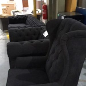 WINCHESTER BUTTON BACK MIDNIGHT FABRIC LOUNGE SUITE INCLUDING 2.5 SEATER COUCH WITH SINGLE ARMCHAIR AND WING BACK CHAIR