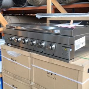 NEW EURO 1200MM BUILT IN BBQ FLAT LID MODEL EAL1200FBQ ALL S/STEEL WITH 6 BURNERS BLUE LED ROUND KNOBS 2 CAST IRON COOKING GRILLS REVERSIBLE CAST IRON GRIDDLE PLATE PUSH BUTTON IGNITION 304 GRADE S/STEEL RRP$1799