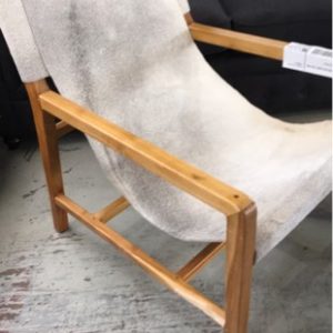 DESIGNER TEAK CHAIR WITH ARMS COW HIDE K5 RRP$695 *DAMAGED LEG SOLD AS IS*
