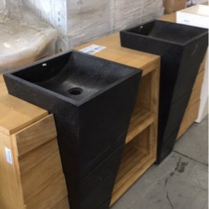 1500MM DOUBLE BOWL TEAK VANITY WITH TALL TERRAZZO BASINS INSET WITH OPEN SHELVES BLACK CA478-126AB