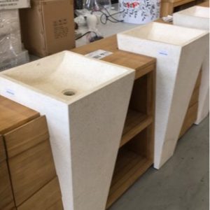 1500MM DOUBLE BOWL TEAK VANITY WITH TALL TERRAZZO BASINS INSET WITH OPEN SHELVES WHITE CA478-136ABC