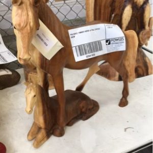 POLISHED TIMBER HORSE & FOAL STATUE 50CM