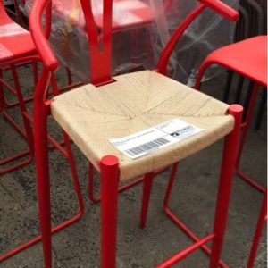 EX HIRE RED BAR STOOL WITH WOVEN SEAT SOLD AS IS