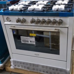 900MM EURO EMD900FWH WHITE DUAL FUEL FREESTANDING OVEN 6 GAS BURNER COOKTOP WITH CAST IRON TRIVETS 8 MULTI FUNCTION OVEN WITH LOWER WARMING DRAWER WITH 2 YEAR WARRANTY RRP$2555