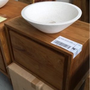 NEW TEAK WALL HUNG VANITY 600MM WITH 2 DRAWERS AND WHITE TERRAZZO BOWL CA1006